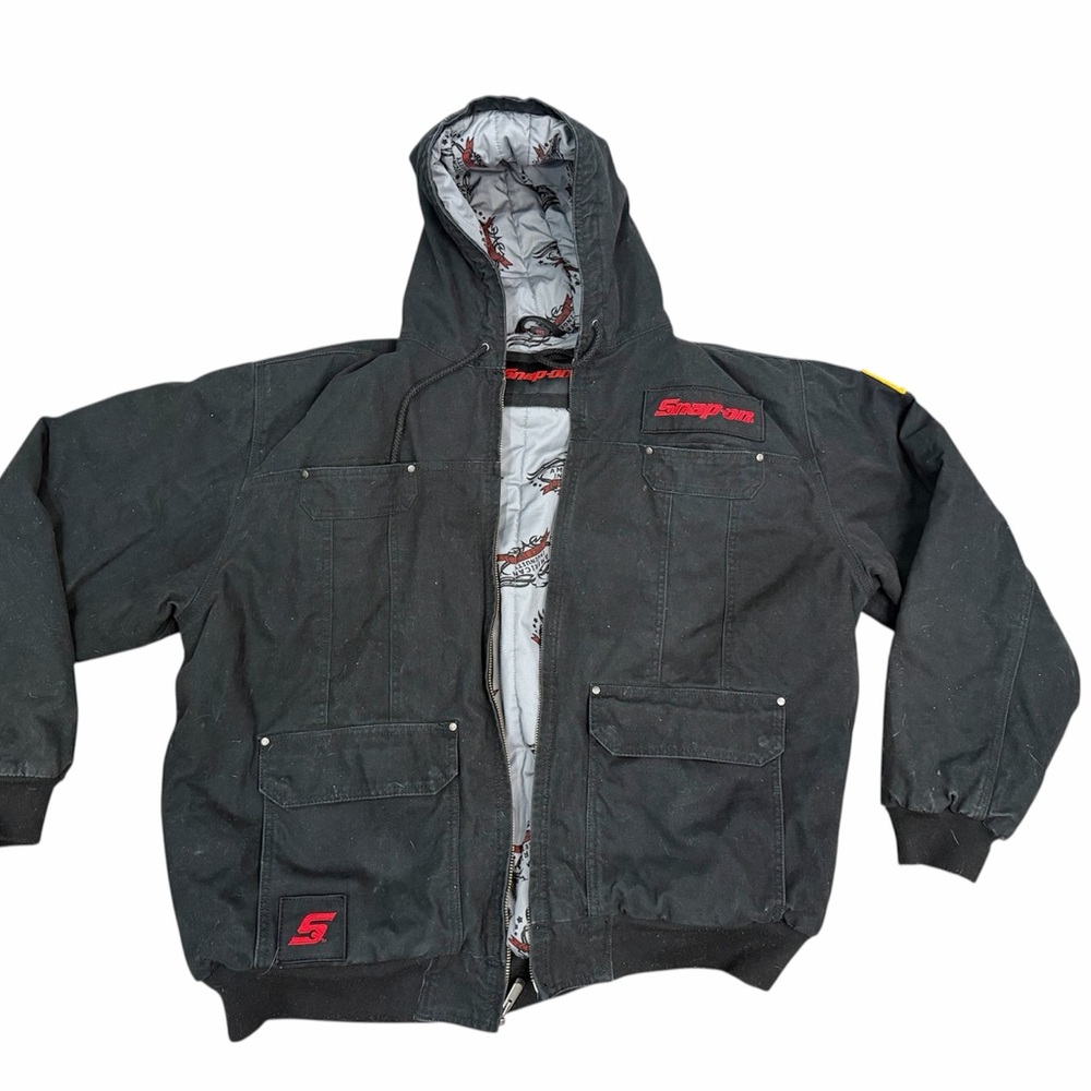Snap On Vintage Black Hooded Canvas Chore Jacket Coat heavy Insulated pockets